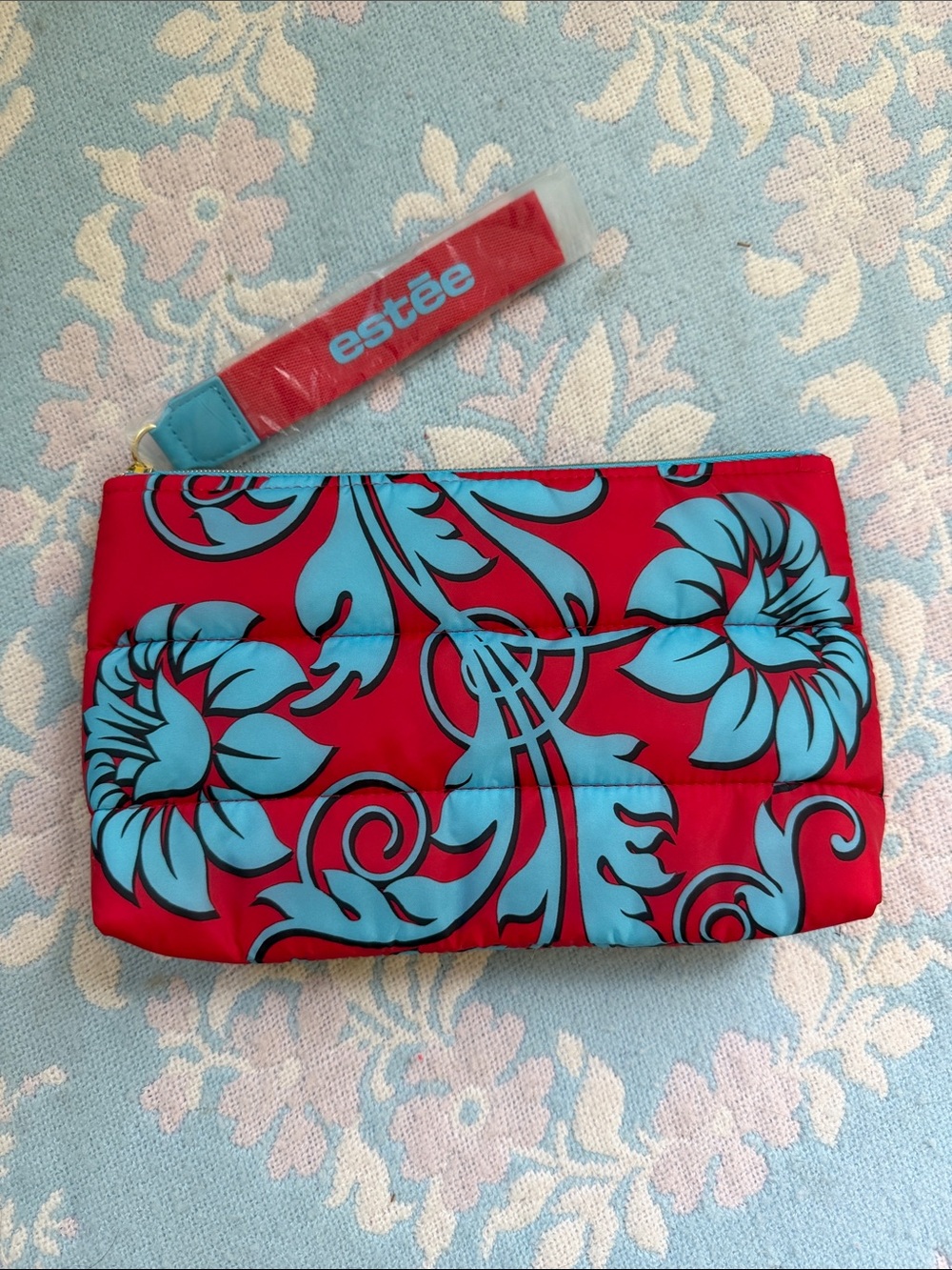 NEW Estée Red & Turquoise Floral Puffer Nylon Cosmetic Pouch